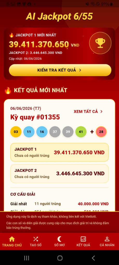 Giao diện ứng dụng AI Jackpot 6/55 — jackpot, kết quả quay số và điều hướng chính